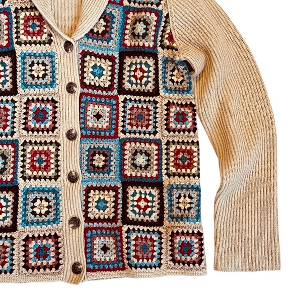 Ralph Lauren Sz S Vintage 1996 Crochet Patchwork Lambswool Cardigan Sweater - Picture 4 of 13
